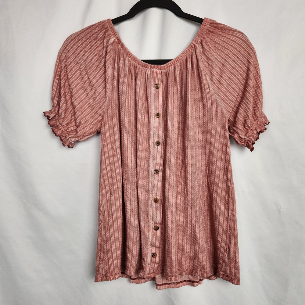Como‎ Blu Womens Pink Boho Peasant Blouse Medium Button Down Puff Sleeves